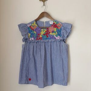 J. Marie Floral Embroidered Striped Flutter Sleeve Blouse Large